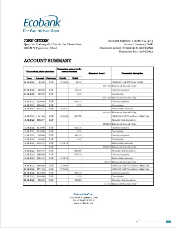 Download Chad Ecobank bank statement (AutoSum) excel Photoshop template